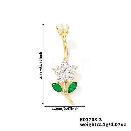 Flower Brass Cubic Zirconia Belly Rings Curved Barbell QR5785-3-1