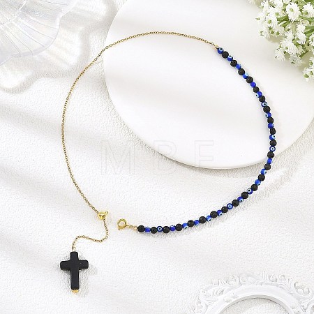 Natural Lava Rock & Evil Eye Lampwork 304 Stainless Steel Cable Chain Lariat Necklaces for Women NJEW-JN06651-1