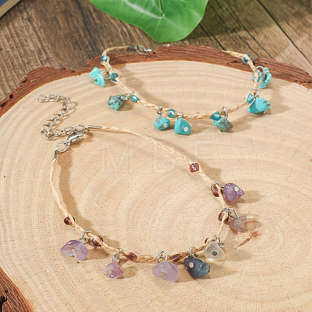 Bohemian Style Synthetic Turquoise and Natural Amethyst Chip Tassel Raffia Cord Double Layer Anklets FS-WGA75A5-03-1