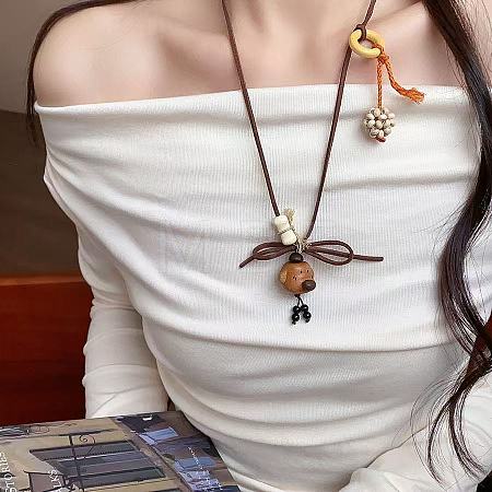 Coffee Bean & Wood Dog Pendant Adjustable Imitation Leather Cord Long Necklaces for Women WG79F39-03-1