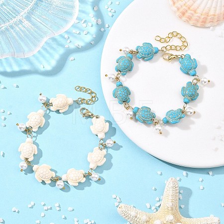 2Pcs 2 Colors Ocean Theme Round Shell Pearl Beads Charm Bracelets BJEW-JB14132-1