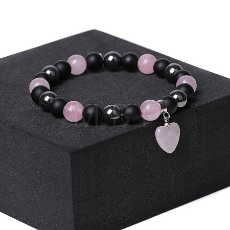 Natual Black Obsidian & Synthetic Non-magnetic Hematite & Natural Rose Quartz Beads Charm Bracelets AC2290-4-1