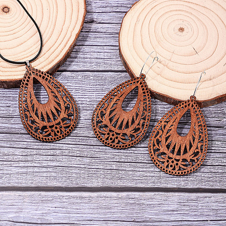 Wood & Wax Cord Pendant Necklaces & Hoop Earrings Sets FS-WG8CCFA-04-1