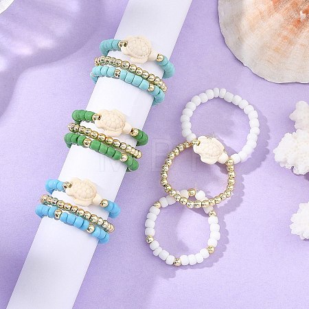 3Pcs Synthetic Turquoise & Hematite & Glass Seed Beaded Finger Rings RJEW-JR01092-1