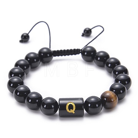 10MM Natural Black Onyx(Dyed & Heated) and Tiger Eye Alphabet Round Braided Bead Adjustable Bracelets for Women DM6424-17-1
