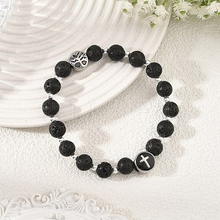 Natural Lava Rock Round Beaded Stretch Bracelets with 304 Stainless Steel Cross Tree of Life for Women BJEW-JB14251-1