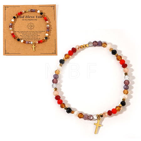 Natural Stone and Glass Faceted Rondelle Beaded Stretch Bracelets with Brass Religion Cross Charms for Women KR8721-5-1