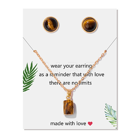 Natural Tiger Eye Round Studs Earrings & Rectangle Pendant Necklaces Sets PW-WG14C31-02-1