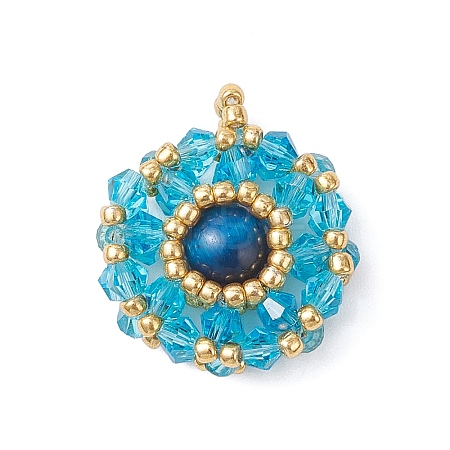 Dyed Natural Blue Tiger Eye & Glass Seed Beaded Flat Round Pendants PALLOY-MZ00950-06-1