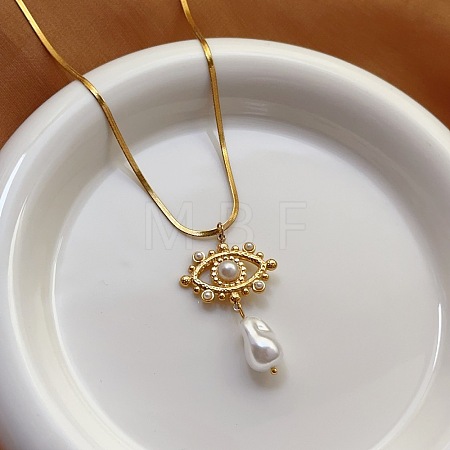 304 Stainless Steel and Imitation Pearl Evil Eye with Teardrop Pendant Necklaces for Women WG4B996-01-1