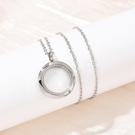 304 Stainless Steel Visible Flat Round Locket Pendant Pet Urn Ashes Necklaces NJEW-S455-08P-1