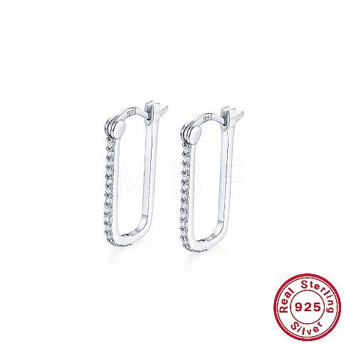 Geometric Rectangle Rhodium Plated 925 Sterling Silver Micro Pave Cubic Zirconia Hoop Earrings VG4525-1-1