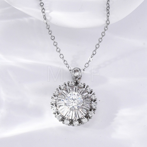 Brass Clear Cubic Zirconia Rotatable Sunflower Pendant Necklaces for Women NJEW-C067-05P-1