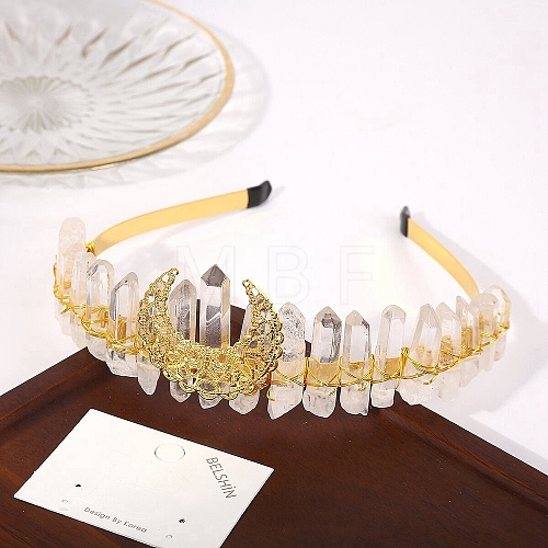 Raw Natural Quartz Crystal & Metal Hollow Moon Hair Bands PW-WG56296-02-1