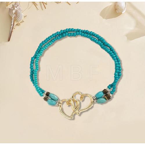 Glass Seed Beads & Alloy Heart Link Anklets WGBE152-09-1