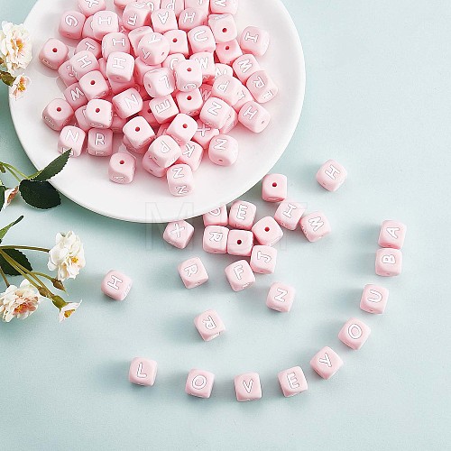 20Pcs Pink Cube Letter Silicone Beads 12x12x12mm Square Dice Alphabet Beads with 2mm Hole Spacer Loose Letter Beads for Bracelet Necklace Jewelry Making JX435E-1