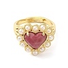 Natural Mixed Gemstone Heart Adjustable Ring with Plastic Pearl Beaded RJEW-E075-05G-4