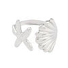 304 Stainless Steel Starfish & Shell Open Cuff Rings for Women RJEW-C095-09P-2