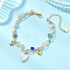 Brass Paperclip Chain & Cat Eye Heart & Plastic Pearl Beaded Chain Double Layers Bracelets for Women BJEW-JB13567-1