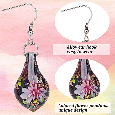 4 Pairs 4 Colors Bling Flower Inner Glass Teardrop Dangle Earrings EJEW-FI0001-06-1