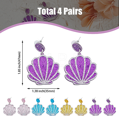 FIBLOOM 4 Pairs 4 Colors Sparkling Resin Shell Shape Dangle Stud Earrings for Women EJEW-FI0001-67-1