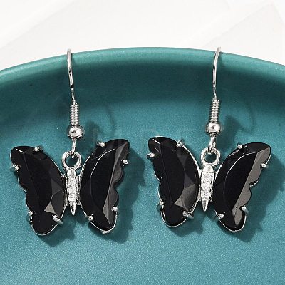 Natural Obsidian Brass Dangle Earrings EJEW-M081-01P-08-1