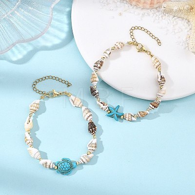 2Pcs Natural Sea Shell & Synthetical Turquoise Beaded Bracelets for Women BJEW-JB13838-1