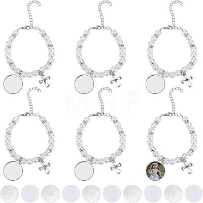 6Pcs 304 Stainless Steel Flat Round Sublimation Blank Tag Charm Bracelets with Glass Pearl Beaded BJEW-CA0001-06-1