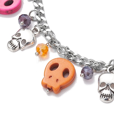 Halloween Skull Dyed Synthetic Turquoise Charm Bracelets BJEW-TA00505-1