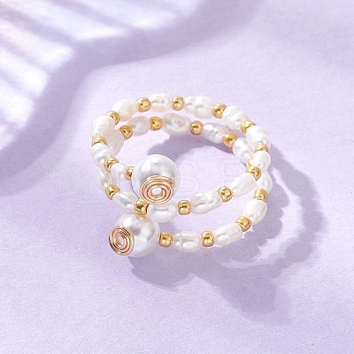 Natural Freshwater Pearl & Shell Pearl & Glass Seed Beaded Double Layers Finger Rings RJEW-JR01022-1