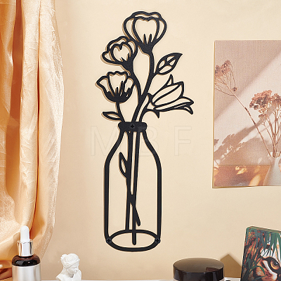 Iron Wall Art Vase Flowers AJEW-WH0263-17-1