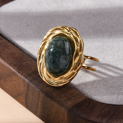 Oval Natural Moss Agate Finger Rings RJEW-M063-01G-07-1