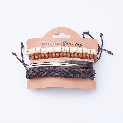 Adjustable Braided Leather Cord Wooden Beaded Multi-strand Bracelets BJEW-P0001-14-1