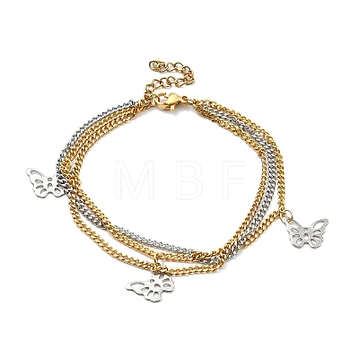 Two Tone 304 Stainless Steel Curb Chains Triple Layer Multi-strand Bracelet with Charms for Women BJEW-C025-12-1