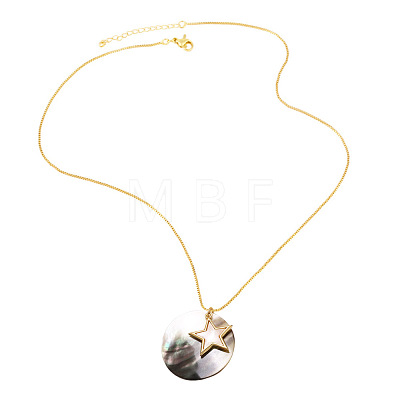 Summer Beach Brass & Natural Paua Shell Flat Round Pendant Necklaces for Women WG98B2F-03-1