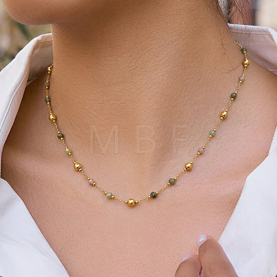 304 Stainless Steel & Natural Gemstone Faceted Rondelle Beads Link Chain Necklaces for Women TY8099-2-1