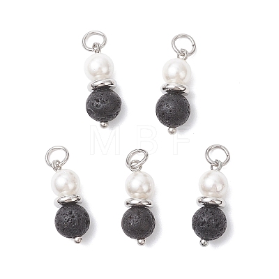 Natural Lava Rock & Shell Pearl Round Pendants PALLOY-JF04718-1