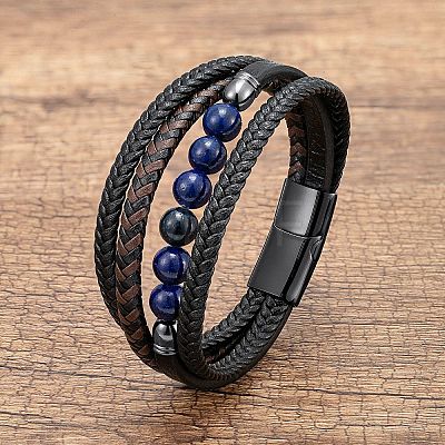 Natural Sodalite Round Beads & Braided Imitation Leather Cord Bracelets for Men FS-WGCE7B3-10-1