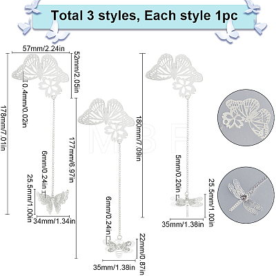 3Pcs 3 Styles Butterfly & Butterfly & Dragonfly Filigree Brass Bookmark with Chains AJEW-SC0002-93P-1