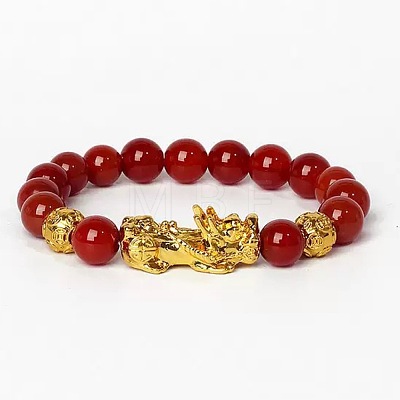 Golden Plated Alloy Pi Xiu 8MM Natural Carnelian(Dyed & Heated) Round Beaded Stretch Bracelet for Men QJ0349-2-1