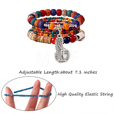 5Pcs 5 Style Wood & Glass Seed & Acrylic Beaded Stretch Bracelets Set with Baseball JB709B-1