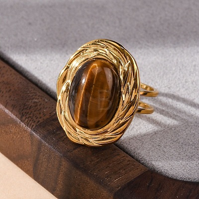 Oval Natural Tiger Eye Finger Rings RJEW-M063-01G-11-1