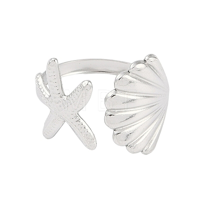 304 Stainless Steel Starfish & Shell Open Cuff Rings for Women RJEW-C095-09P-1