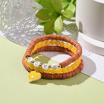 3Pcs 3 Style Natural Dyed Yellow Jade & Acrylic Word Love Beaded Stretch Bracelets Set with Alloy Enamel Heart Charms BJEW-JB08924-03-1