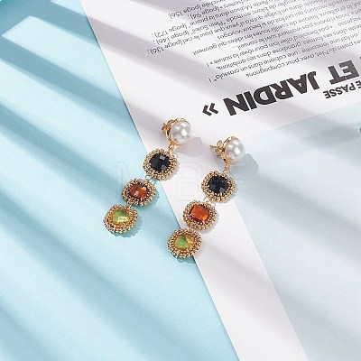 Glass Rectangle Beaded Long Dangle Stud Earrings with Imitation Pearl EJEW-TA00141-02-1