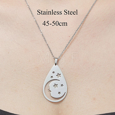 201 Stainless Steel Hollow Teardrop with Star Pendant Necklace NJEW-OY001-73-1