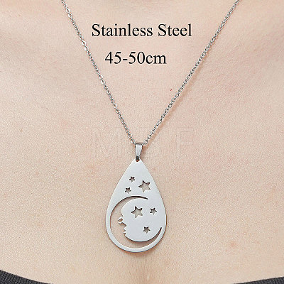 Non-Tarnish 201 Stainless Steel Hollow Teardrop with Star Pendant Necklace NJEW-OY001-73-1