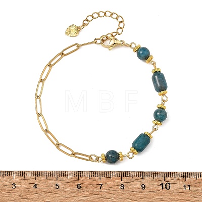 Natural Mixed Stone Round Column Beaded Chain Bracelets with 304 Stainless Steel Paperclip Chains BJEW-JB14298-1