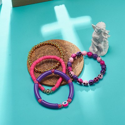 4Pcs 4 Style Acrylic Evil Eye & Plastic Skull & Synthetic Hematite Beaded Stretch Bracelets Set BJEW-JB08896-1
