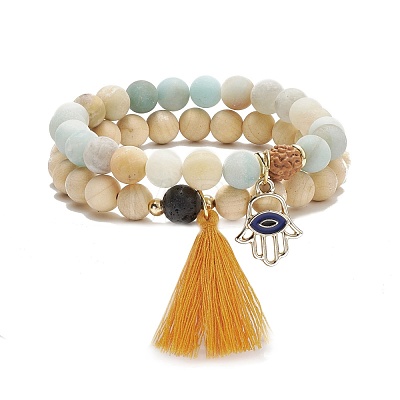 2Pcs 2 Style Natural Flower Amazonite & Lava Rock & Wood Stretch Bracelets Set with Tassel and Alloy Hamsa Hand Charms BJEW-JB08347-1